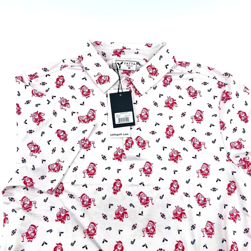 Yatta Golf Mens Jolly Holly Santa Christmas Polo Shirt White Red Medium NWT